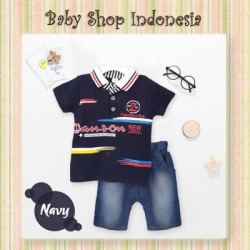 large LU631 Setelan Kaos Anak Berkerah Import Circle Celana Pendek Denim Anak Cowok Navy